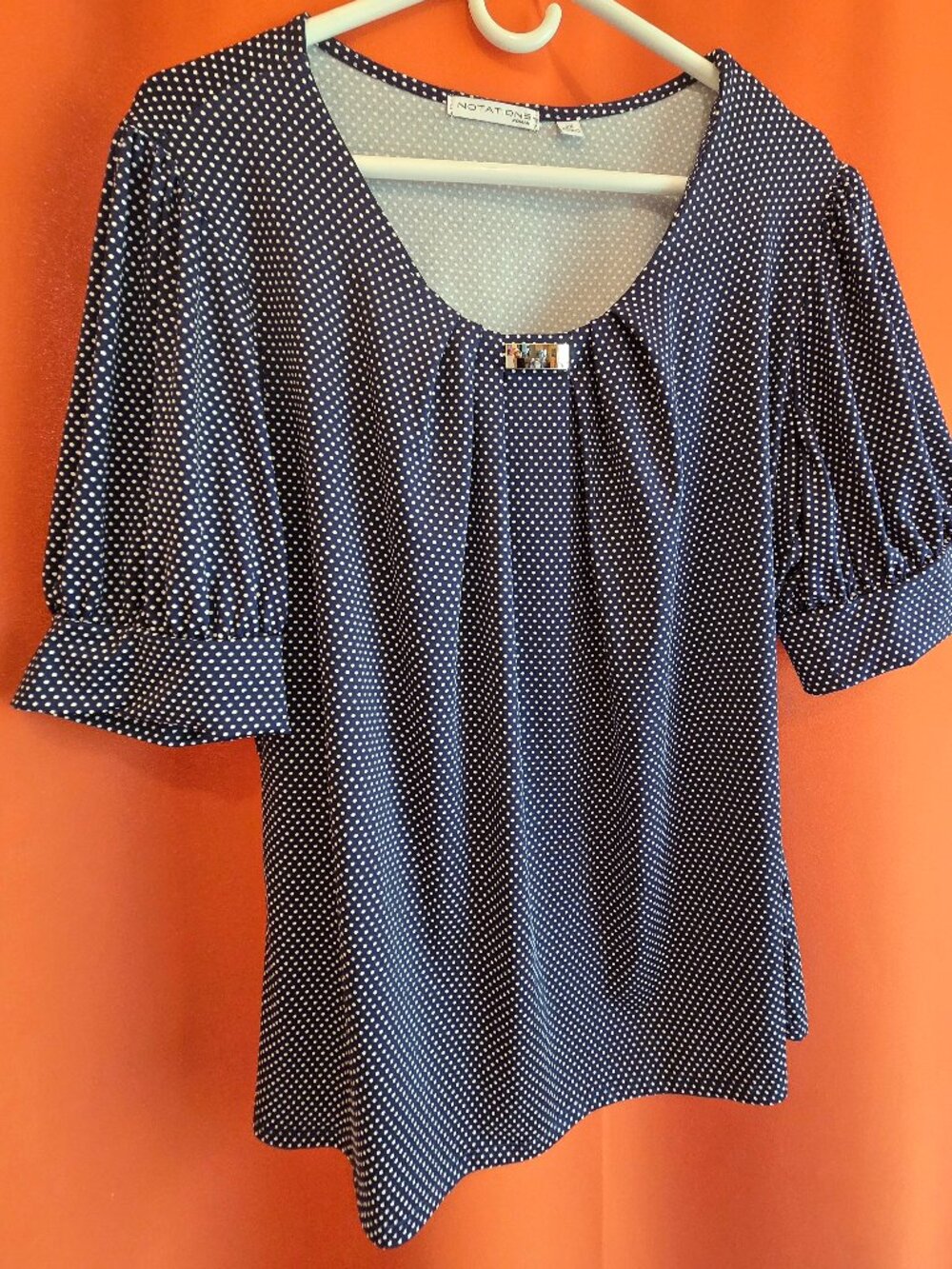 Notations Woman 2X Short Sleeve Navy-Blue White Polka-Dot Polyester Top